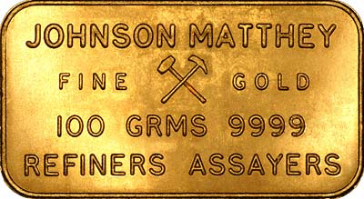 Reverse of Johnson Matthey 100 Gram Gold Bar