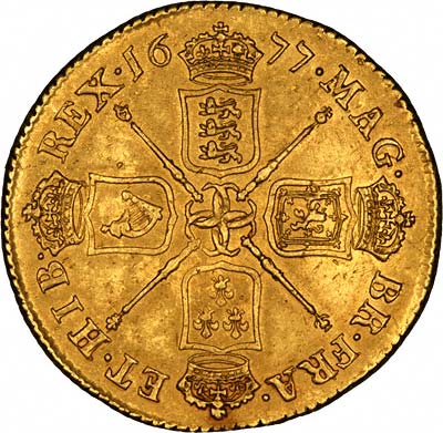 Cruciform Shields on Obverse of 1677 Gold Five Guineas