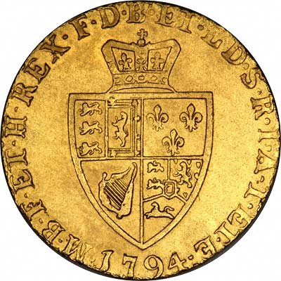 Spade Shaped Shield on Reverse of 1794 George III Half Guinea featuring the garter inscription honi soit qui mal y pense