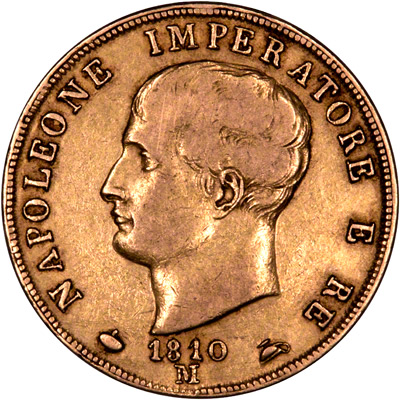 Obverse of 1810 Kingdom of Napoleon Gold 40 Lire Coin