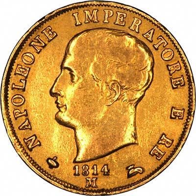 Obverse of 1814 Kingdom of Napoleon Gold 40 Lire Coin