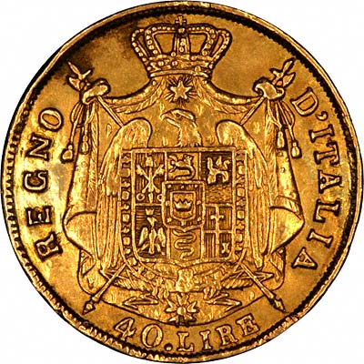 Reverse of 1814 Kingdom of Napoleon Gold 40 Lire Coin