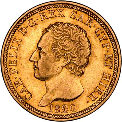 Head of Carlo Felix on Obverse of 1826 Gold 80 Lire
