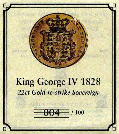 Certificate for 1828 Replica Sovereign by Pobjoy Mint