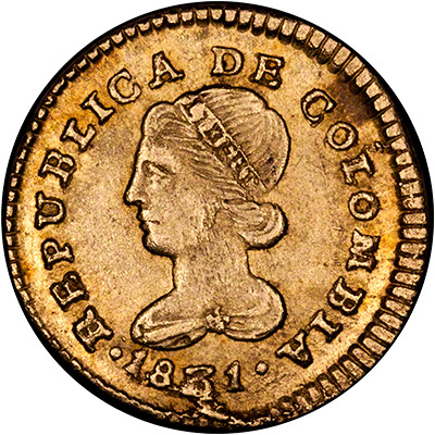 Obverse of 1831 Colombian Escudo Gold Coin