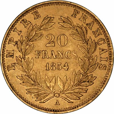 Reverse of 1854 French 20 Francs