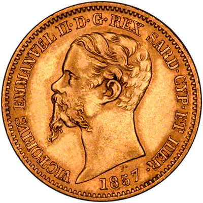 Obverse of 1857 Gold 20 Lire