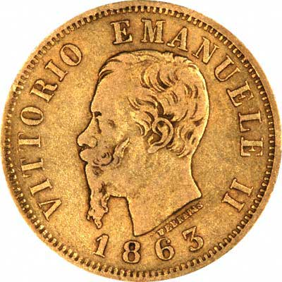 Victor Emanuel on Obverse of 1863 Italian 10 Lire