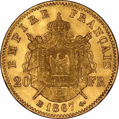 Shield Reverse on a French 20 Francs of 1867
