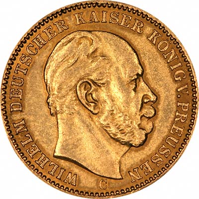 Obverse of 1889 William I Prussian (German) Gold Twenty Marks Coin