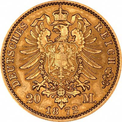 Reverse of 1872 German Gold 20 Marks Coin