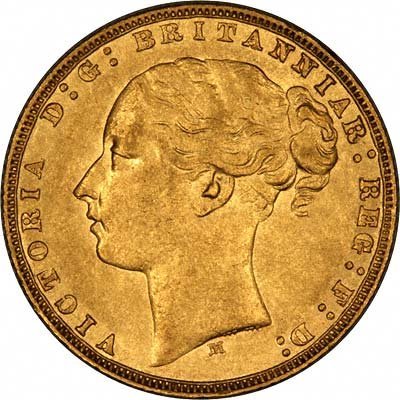 Obverse of 1874 Melbourne Mint Victoria Young Head St. George & Dragon Gold Sovereign