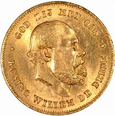Willem III on Obverse of Netherlands 10 Guilder of 1875
