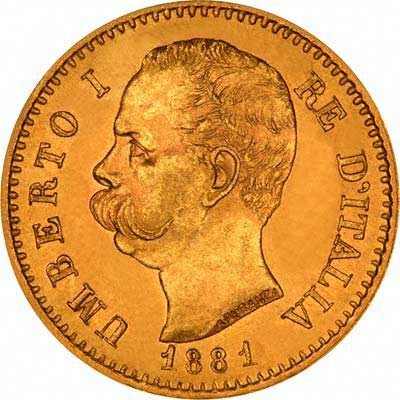 Obverse of 1881 Italian Gold 20 Lire