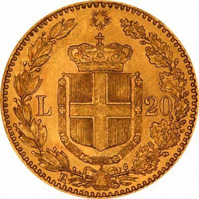 Reverse of 1881 Italian Gold 20 Lire