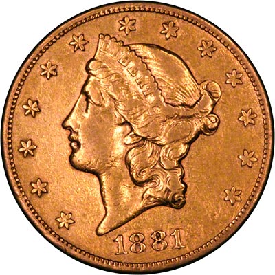 Obverse of 1881 American Gold Double Eagle