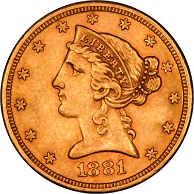 Obverse of 1881 American Five Dollar Gold Coin