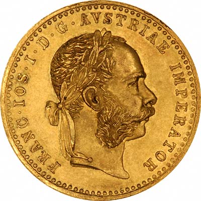 Obverse of 1882 Austrian Gold One Ducat Coin