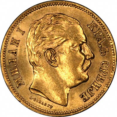 King Milan I on Obverse of 1882 Serbian 20 Dinara