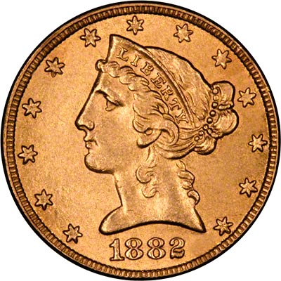 Obverse of 1882 American Five Dollar Gold Coin