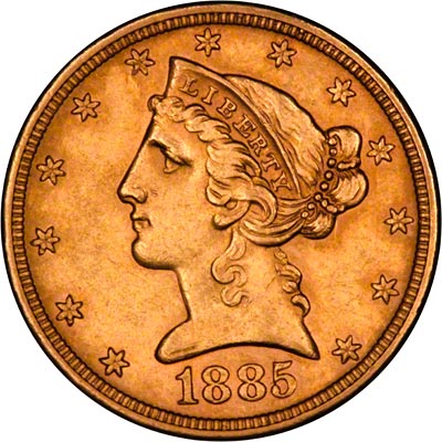 Obverse of 1885 American Five Dollar Gold Coin