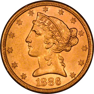 Obverse of 1886 - S American Five Dollar Gold Coin