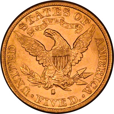Reverse of 1886- S American Five Dollar Gold Coin