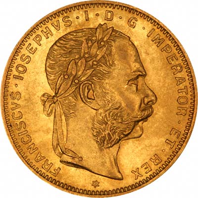 Franz Joseph on Obverse of Austrian 20 Francs 8 Florins of 1889