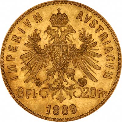 Reverse of Austrian 20 Francs 8 Florins of 1889