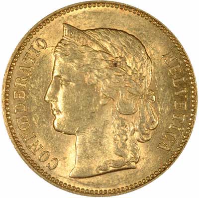 Our 1890 Swiss Helvetia Gold 20 Francs Obverse Photo