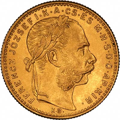 Obverse of 1891 Hungarian 8 Forints 20 Francs