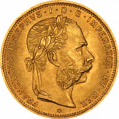 Franz Joseph on Obverse of 1892 Restrike Austrian 20 Francs 8 Florins