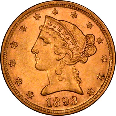Obverse of 1893 American Five Dollar Gold Coin