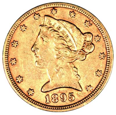 Obverse of 1895 American Five Dollar Gold Coin