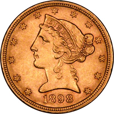 Obverse of 1898 American Five Dollar Gold Coin