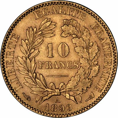 Reverse of 1899 French 10 Francs