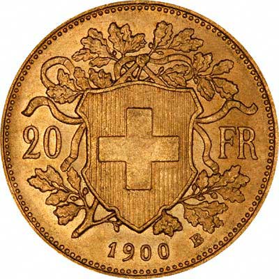 Reverse of 1900 Vrenelli Swiss 20 Francs