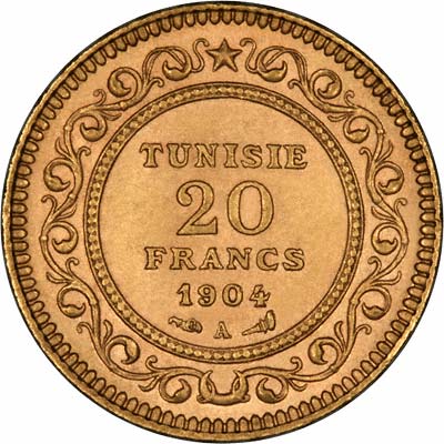 Reverse of 1904 Tunisian 20 Francs