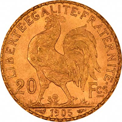 Gallic Cockerel on Reverse of 1905 French 20 Francs