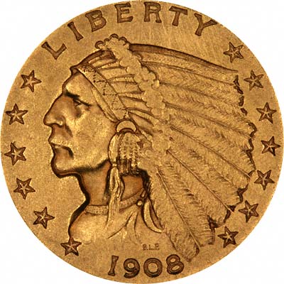 Obverse of 1908 Indian Head Gold Quarter Eagle - $2.5