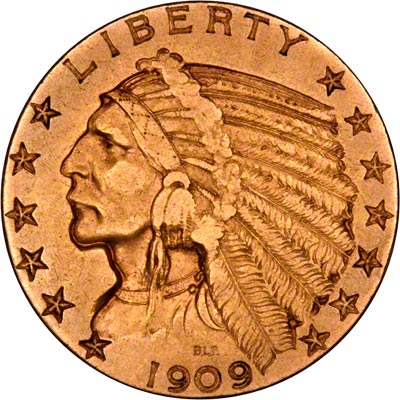 Obverse of 1909 -S American Five Dollar Gold Coin