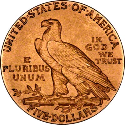 Reverse of 1909 -S  American Five Dollar Gold Coin