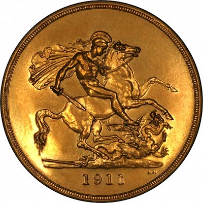 St. George & Dragon on Reverse of 1911 Proof Gold Five Pounds