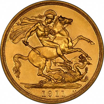 Reverse of 1911 Gold £2 Coin Showing Pistrucci's Famous St. George & Dragon Design