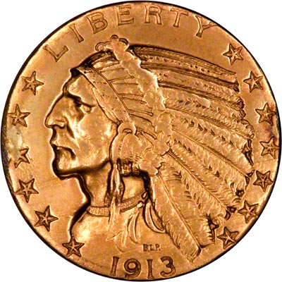 Obverse of 1913  American Five Dollar Gold Coin