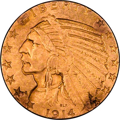 Obverse of 1914  American Five Dollar Gold Coin