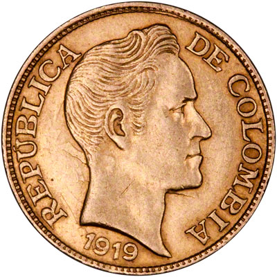 Obverse of 1924 Colombian 5 Pesos Gold Coin