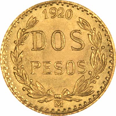 Reverse of 1920 Mexican 2 Pesos
