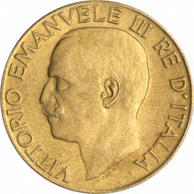 Obverse of 1923 Italian Gold 20 Lire