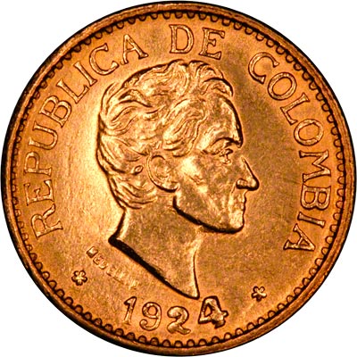 Obverse of 1924 Colombian 5 Pesos Gold Coin